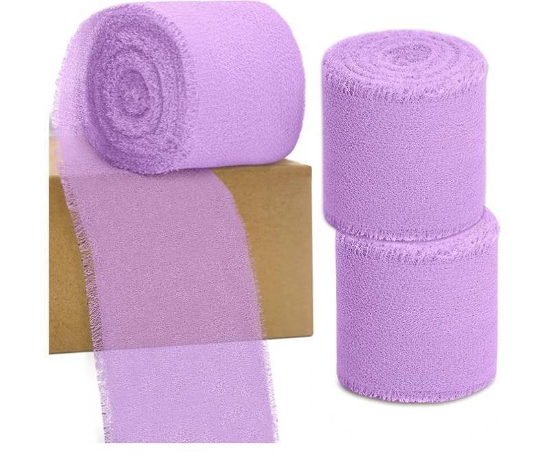 lot 46084 image: Light Purple Chiffon Ribbon, 3 Rolls 1.96 inch x 15 Yard Handmade Fringe Chiffon Ribbons, Frayed Edge Silk Ribbon for Gift Wrapping, Wedding Invitations, Bridal Bouquets, DIY Crafts and Home Decor - Retail $10