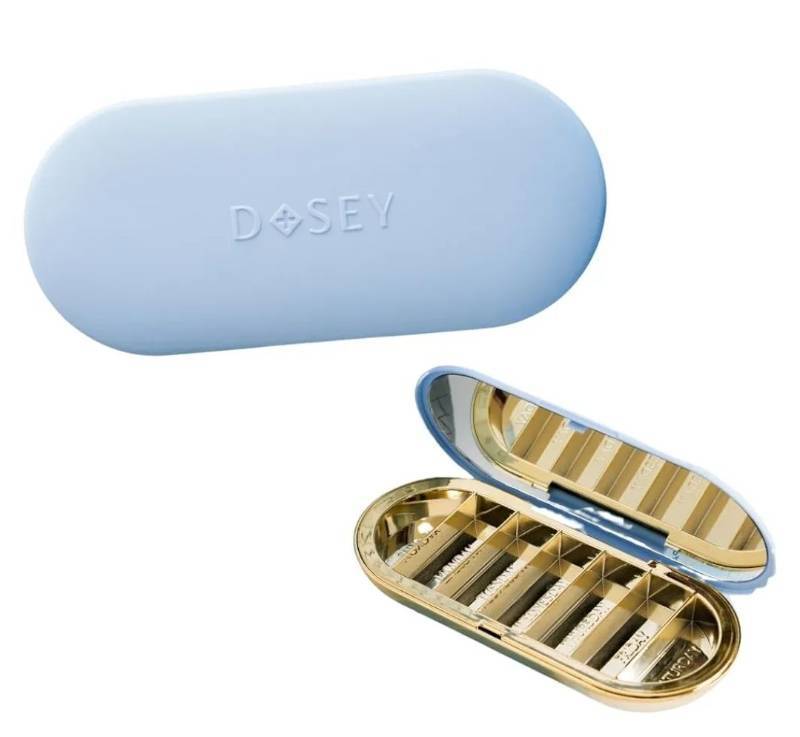 lot 46092 image: 7 Day Pill Compact Travel Pill Organizer - Pill Case with 7 Pill Compartments for Medicine Storage & Protection Stylish & Elegant Medication Organizer with Mirror (Blue) - Retail $26