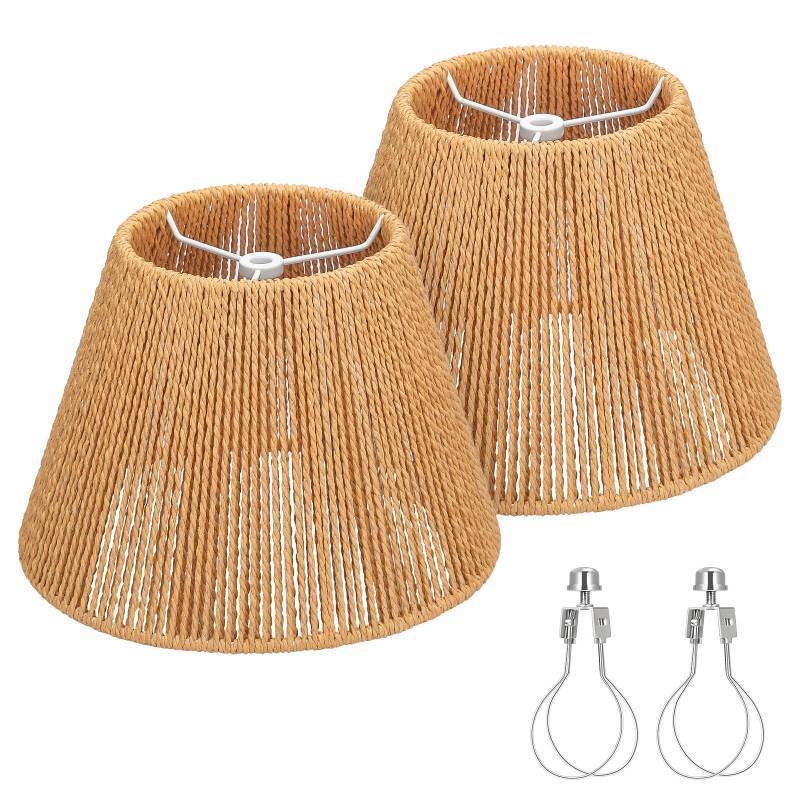 lot 57465 image: Small Rattan Lamp Shades Set of 2, Boho Lamp Shades for Table Lamps, 5.5 Top x 10 Bottom x 6.6 High, Wicker Lampshade Replacement for Bedroom, Hand Woven, Spider, Bulb Clip Adapters Included - Retail $38