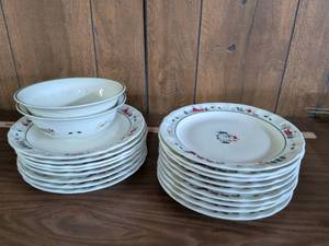 lot 17 image: Pfaltzgraff Snow Village Christmas Dinnerware Set