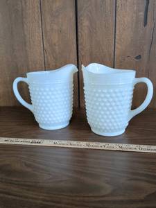 lot 20 image: White Milk Glass Hobnail Pitcher Set