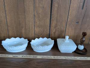 lot 21 image: White Milk Glass Hobnail Pattern Covered Dish and Bowls Set