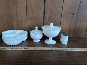lot 22 image: White Milk Glass Hobnail Serving Set Collection