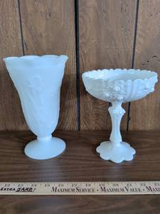 lot 25 image: Vintage Jeanette milk glass vase, Cabbage Rose Compote Vase.