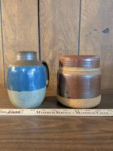 lot 27 image: Handmade Ceramic Pottery Set with Blue Pitcher and Brown Lidded Jar