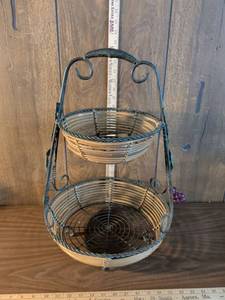 lot 57 image: Two-Tier Wire Basket Stand with Handle