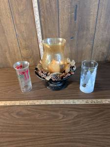 lot 78 image: Holiday Christmas Drinkware Glass Set with Decorative Hurricane Candle Centerpiece