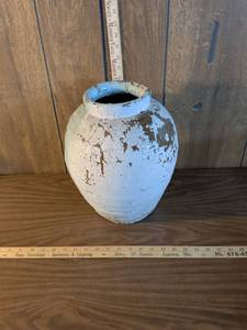lot 91 image: Blue Painted Ceramic Jar with Weathered Finish