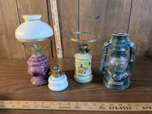 lot 113 image: Oil Lamp Collection with Glass Shades and Metal Burners