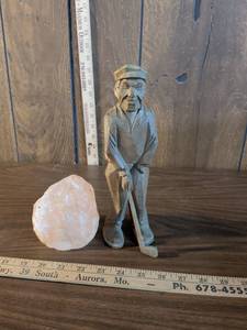 lot 114 image: Hand Carved Wood Golfer Figure golf club needs to be repaired with Rose Quartz Crystal
