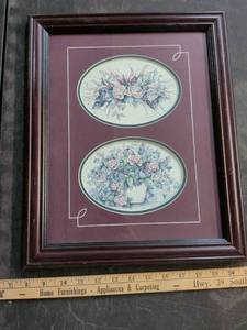 lot 140 image: Framed Floral Art Print Set Rose and Ivy Basket