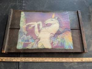 lot 142 image: Unicorn and Birds Fantasy Art on Wood Panel
