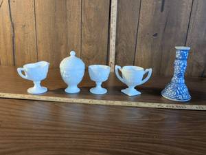 lot 190 image: Milk Glass Tea Set with Blue Floral Candlestick