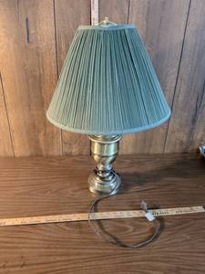 lot 211 image: Brass Table Lamp with Blue Pleated Shade