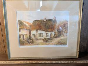 lot 217 image: Framed Thatched Cottage Watercolor Print by Simone Haywood