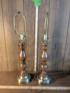 lot 229 image: Pair of Turned Wood Table Lamps with Brass Base