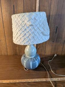 lot 232 image: Blue Art Glass Table Lamp with (Damaged) Woven Shade