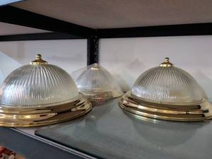 lot 263 image: Ribbed Glass Ceiling Light Fixtures with Brass Trim