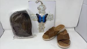 lot 103 image: Mixed Item Lot of 3  - Glass Cross Wall Decor, Brown Hair Wig, and LazStep Suede Sandals - Retail $0