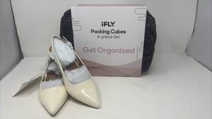 lot 108 image: iFLY Packing Cubes 4-Piece Set and Cream Patent Leather Pointed Toe Flats