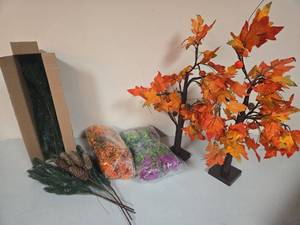 lot 125 image: Artificial Fall Autumn Tree with Pine Branches and Decorative Foliage Bundle