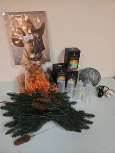 lot 139 image: Mixed Home Decor Bundle - Luminara Candles, Crystal Glasses, Fall Decorations