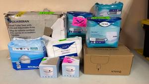 lot 158 image: Medical Care Supply Bundle with Raised Toilet Seat and Incontinence Products