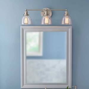 lot 59263 image: Home Decorators Collection Evelyn 60-Watt Clear Glass Shades Brushed Nickel Finish Vanity 3 Light (New Open Box)