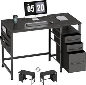 lot 121454 image: Maihail Small Desk with Drawers, 40 inch Computer Desk with Shelves, Writing Desk with Storage, Small Office Desk with Metal Frame, Black