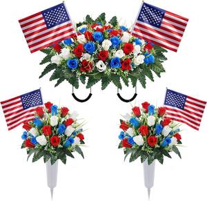 lot 121456 image: Artificial Cemetery Flower Grave Saddles for Headstone Roses red White and Blue Artificial Flowers with Flags Memorial Day Decorations for Grave Veterans Patriotic 4th of July Independence Day
