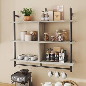 lot 121469 image: Bestier 41 Floating Kitchen Shelves Wall Mounted 3 Tier Coffee Bar Mug Shelf Hanging with 8 Hooks Display Plant Pipe Shelving for Living Room Kitchen Bathroom Balcony, Retro Grey