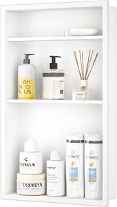 lot 121472 image: Retails for $139 Stainless Steel Shower Niche 24 X 14 White No Tile Needed Niche Shower with Three-Tier Shelves Recessed Wall Niches for Bathroom Storage