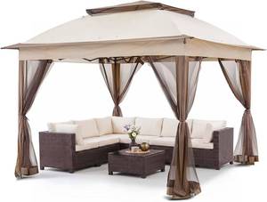 lot 221489 image: Retails for $170 COOS BAY 11x11 Pop Up Gazebo with Mesh Netting, Instant Outdoor Canopy Tent, Water Resistant Shelter with UPF 50 UV Protection, 121 Sq Ft Coverage, Beige