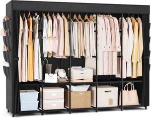 lot 221509 image: Portable Closet Storage, Portable Wardrobe Closet Organizer Clothes Rack wtih Cover, Hanging Rod, Storage Shelves and Side Pockets, Large Portable Closets for Hanging Clothes, Black