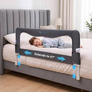lot 221511 image: TotCraft MiniFlex Adjustable Length & Height Bed Rail for Toddlers   Fits Twin, Full & Queen Beds   35.5 or 47 Two Fixed Lengths   14 Height Levels   ASTM Certified Toddler Bed Rails for Kids (Grey)