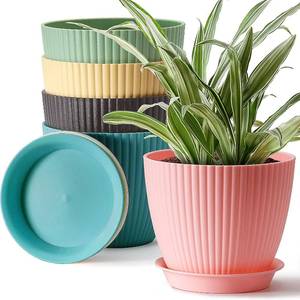lot 221514 image: Giraffe Creation 7 inch Large Plant Pots, 5 Pack Flower Pots Outdoor Indoor, Planters with Drainage Hole and Tray Saucer