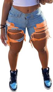 lot 321377 image: Women Sexy High Waisted Ripped Jean Shorts Distressed Cut Out Straight Leg Frayed Hem Summer Shorts Denim Pants