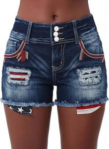 lot 321381 image: Flamingals Distressed Jean Shorts for Women High Waist American Flag Button Fly Raw Hem Denim Shorts