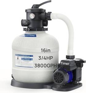 lot 321414 image: Retails for $270 AQUASTRONG 16in Sand Filter Pump for Above Ground Pool with Timer, 34 HP Pool Pumps Above Ground 3800 GPH for Pools up to 16000 GAL, Pool Filter with 6-Way Valve, Improved Circulation and Filtration