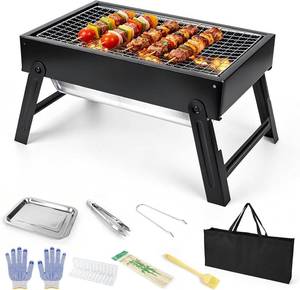 lot 421501 image: Portable Folding Charcoal Grills, 13.7x8.77.5 Small Camping Campfire Grill, Barbecue Grill for Outdoor Travel Backyard Picnic Beach, with 8-Piece BBQ Accessories