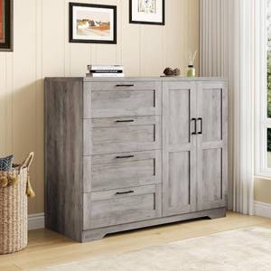 lot 221462 image: Retails for $230 Garvee Wardrobe Closet with Drawers, 43.3 in Wardrobe Armoire Closet with 4 Drawers and Hanging Rod, Low Storage Cabinet for Hanging Cloth and Double Doors, for Bedroom, Modern White &amp Brown