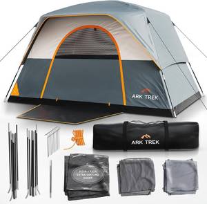 lot 360961 image: Retails for $107 ArkTrek 6 Person Tents for Camping-Robust Family Camping Tent Cabin w Ground Sheet, Rainfly Cover, Powerport-Comfy Large Quick, Waterproof Pop up Camping Tent for Picnics Fishing Hiking