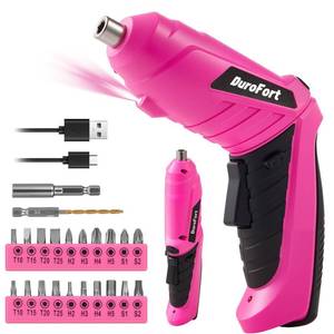 lot 24399 image: Durofort Pink Cordless Electric Screwdriver Set, 3.7V Rechargeable Small Electric Drill with 25pcs Driver Bit Set, Power 3Nm Screw Gun with 2 Position Handle, Flexible Shaft LED Light for Women - Retail $17