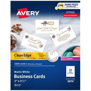 lot 24414 image: Avery Clean Edge Printable Business Cards, Sure Feed Technology, 2 x 3.5, White, 1,000 Blank Cards for Laser Printers (5874) - Retail $56