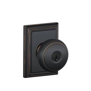 lot 24424 image: Schlage F51A AND 716 ADD Andover Door Knob with Addison Trim, Keyed Entry Lock, Aged Bronze - Retail $32