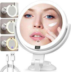 lot 24425 image: Shinowa Makeup Mirror with Lights, 20X Wall Mounted Lighted Magnifying Mirror, 2-Sided Vanity Mirror with 3 Color Lights & Brightness Adjustment, 360° Rotation Rechargeable Desk Mirror, Travel Mirror - Retail $26