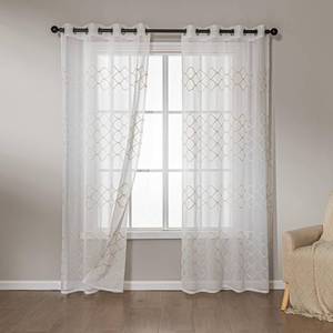 lot 24431 image: Amazon Basics 2-Piece Embroidery Sheer Curtain Set, Light Filtering Hollow Drapes for Living Room and Bedroom, 52 W x 84 L, White Scale - Retail $17