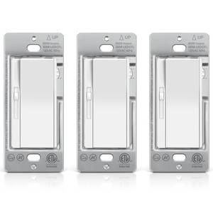 lot 24446 image: BESTTEN 3 Pack Slide Dimmer Light Switch, Quiet Rocker, Super Slim Single Pole or 3 Way Dimmable Switch, Max 300W LED, CFL, 600W Incandescent, ETL Listed, White - Retail $23