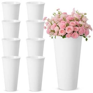 lot 24456 image: Ninehaoou 8 Pack Flower Buckets 9.84 Inch Plastic Flower Vases Modern Round Vases for Centerpieces Floral Display Decorative Buckets for Table Home Wedding Decorations (White) - Retail $38