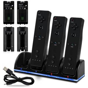 lot 24469 image: 4-in-1 Charger Station for Wii&Wii U Remote Controller,with 4 Rechargeable Batteries(4 Port Charging Station4 pcs 2800mah Replacement Battery PacksUSB CablePlug) Not Include Remote-Black - Retail $19